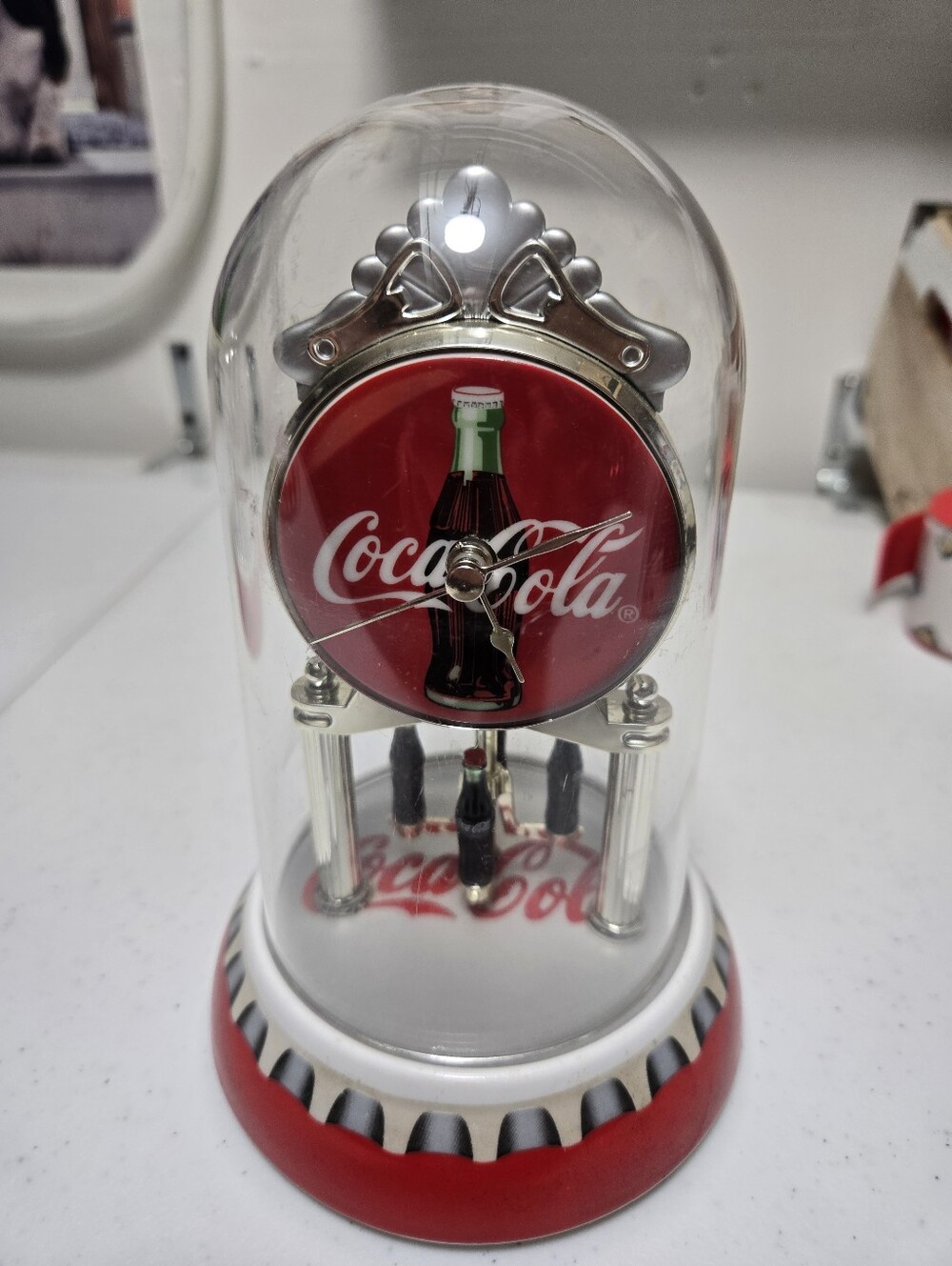 Collectible 7.5"H 2001 Coca-Cola Anniversary Pendulum Dome Clock Working Cond.